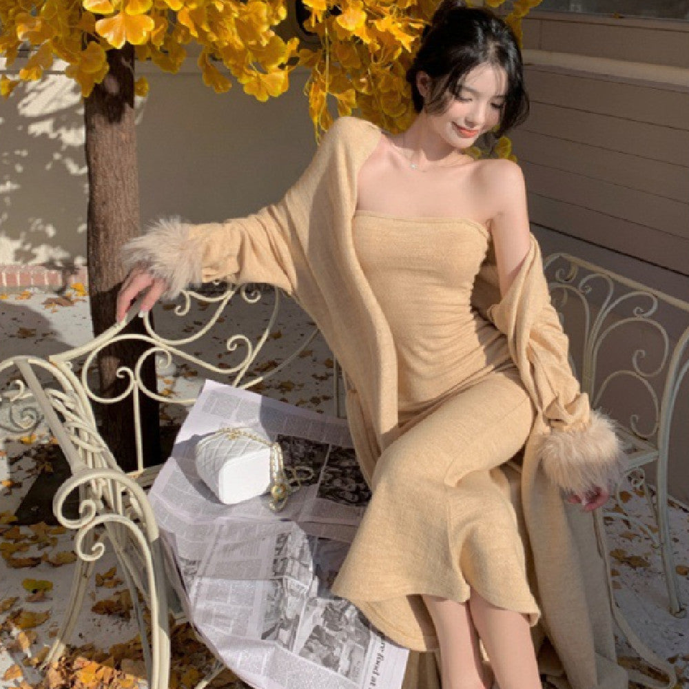 HOOR Casual Strapless Dress Apricot Cardigan