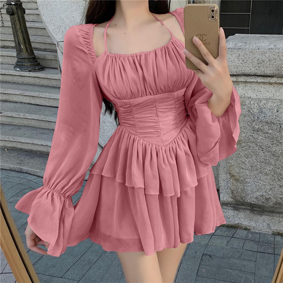 HOOR Neckline Pleated Dress Rose pink