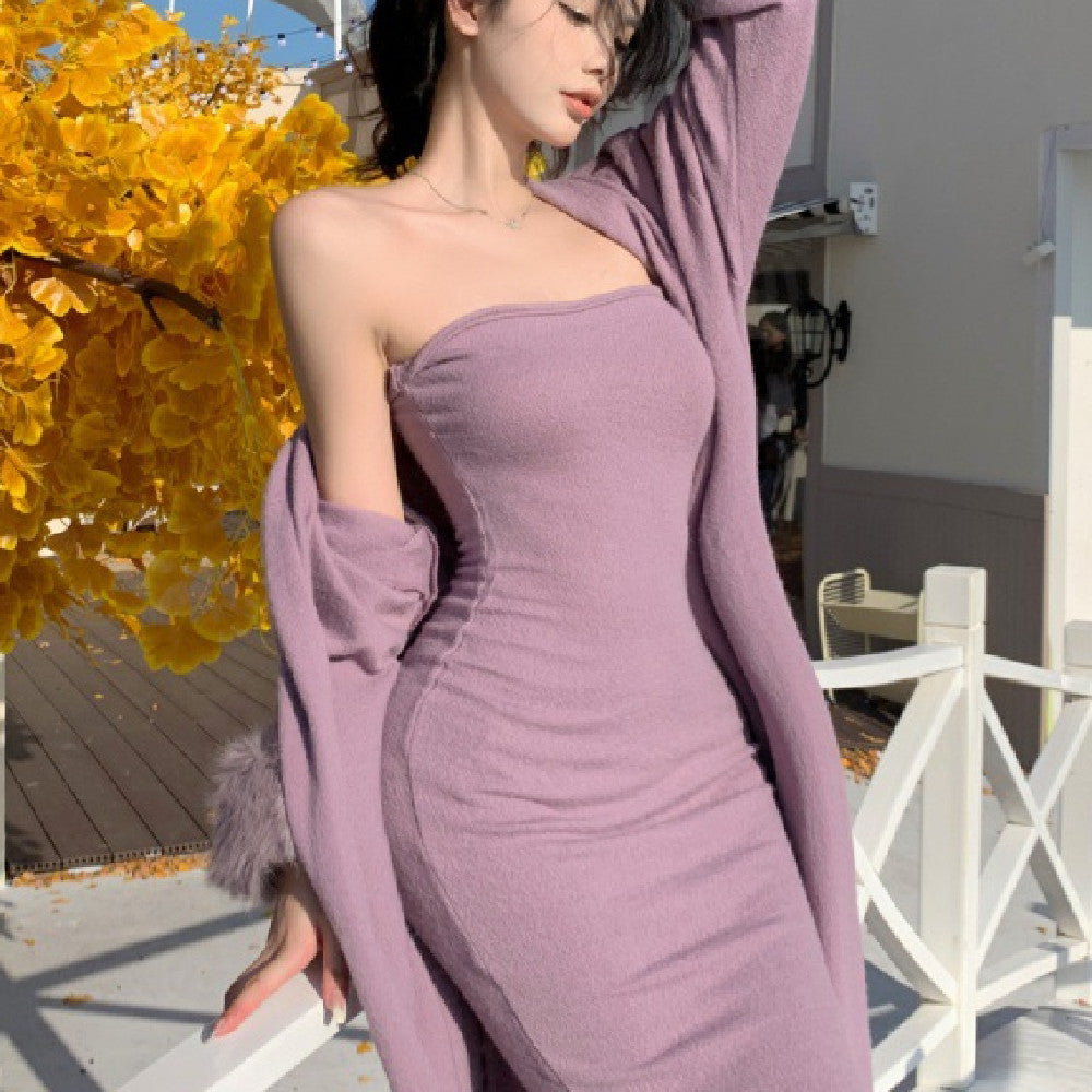 HOOR Casual Strapless Dress Purple Dress