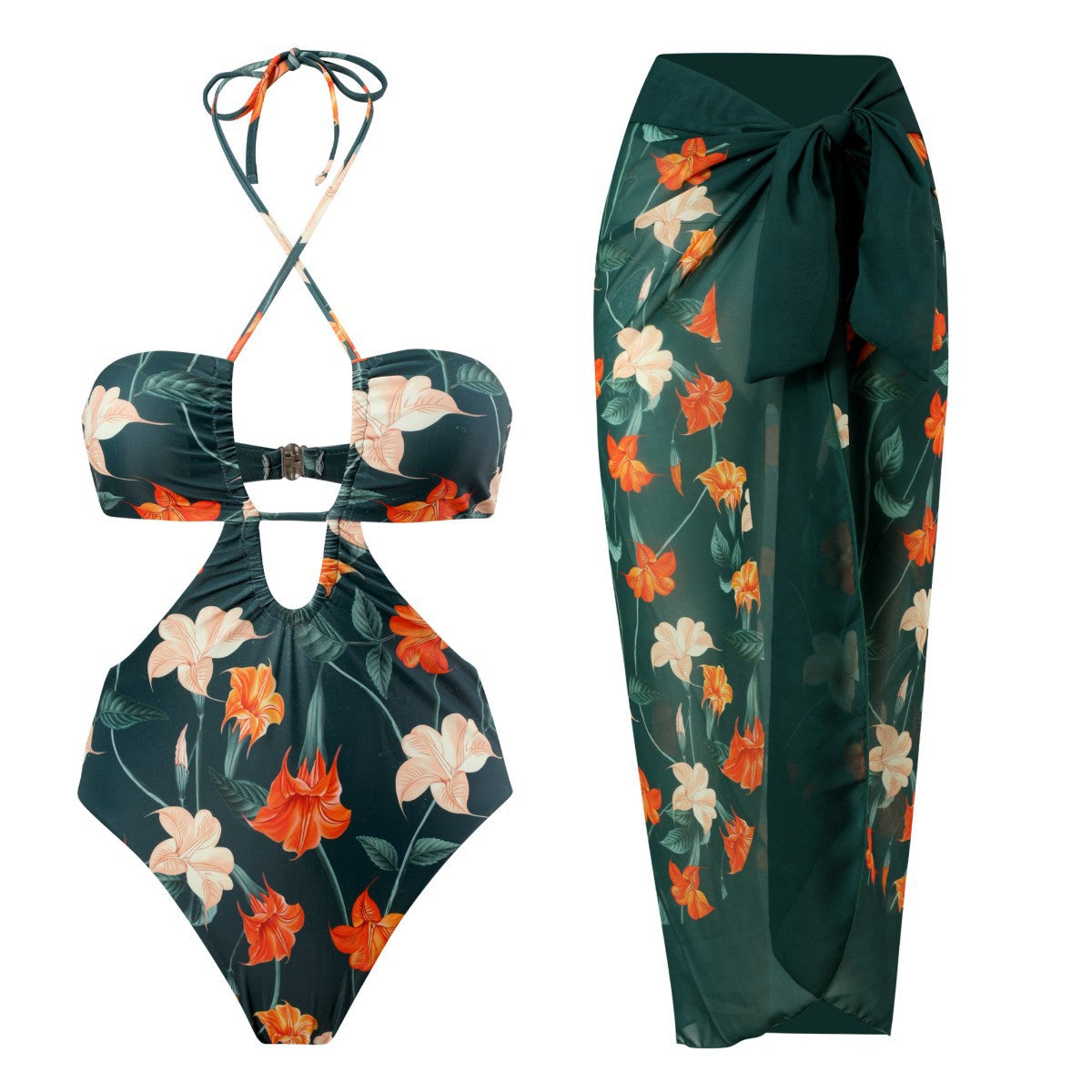 HOOR Pump Pleat Swimsuit Green Flower Set