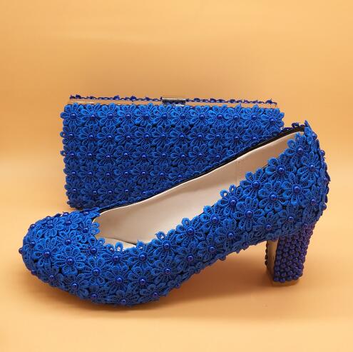 HOOR Royal Blue Flower Heel 7cm shoe with bag