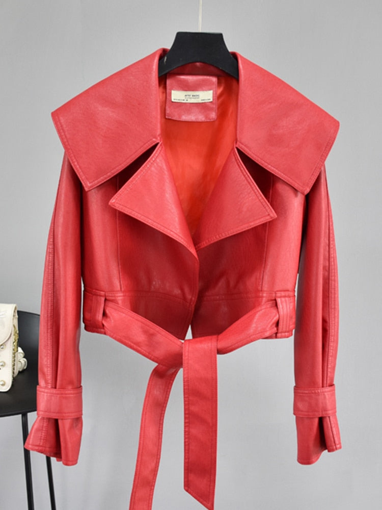 HOOR Jackets Short Coat Belt Red