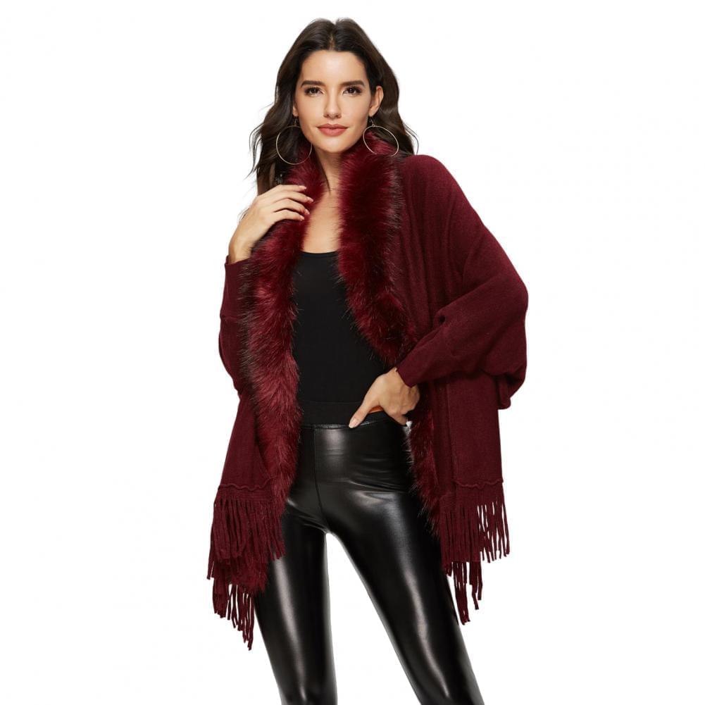 HOOR Luxury Collar Fur Cardigan Wine Red