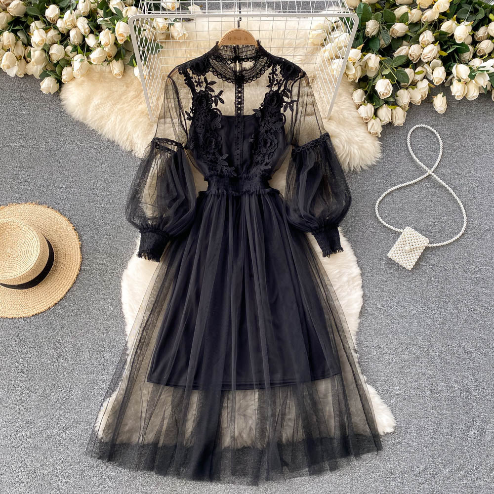 HOOR Stand Collar Flower Dress Black One Size