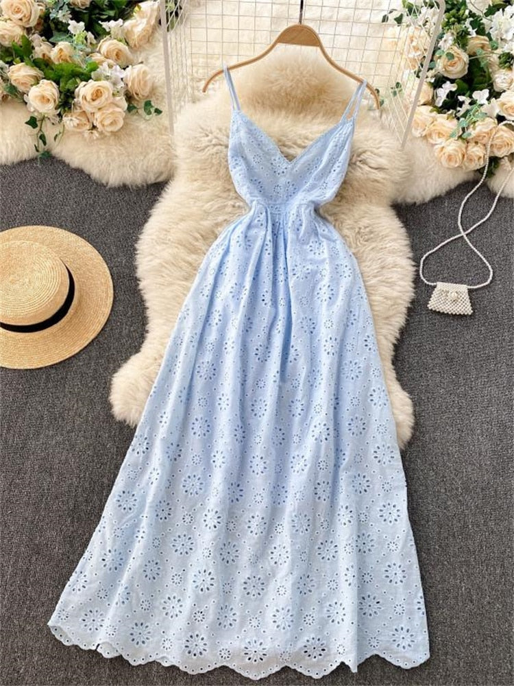 HOOR Hollow Long Dresses Blue One Size