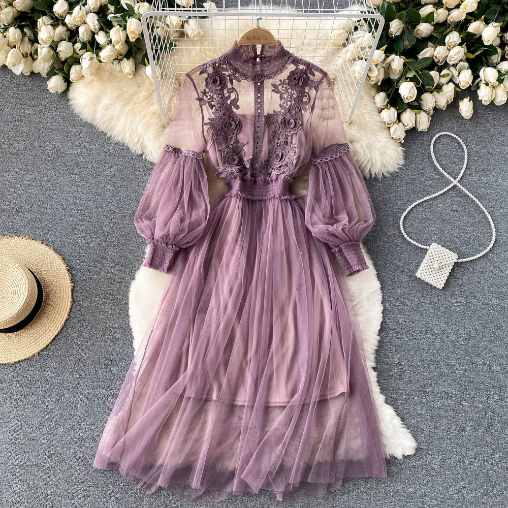HOOR Stand Collar Flower Dress Purple One Size