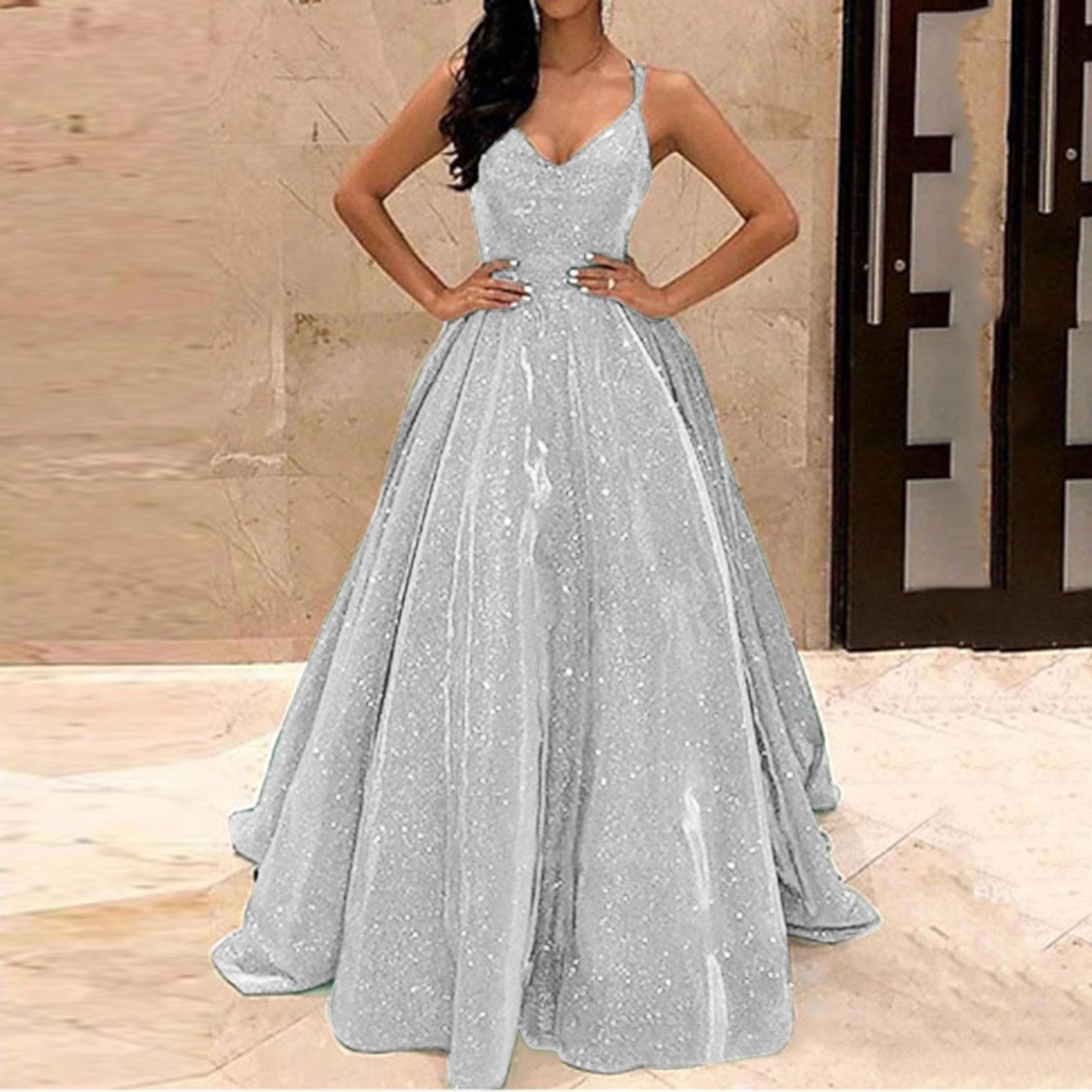 HOOR Elegant Sequin Party Gown Silver