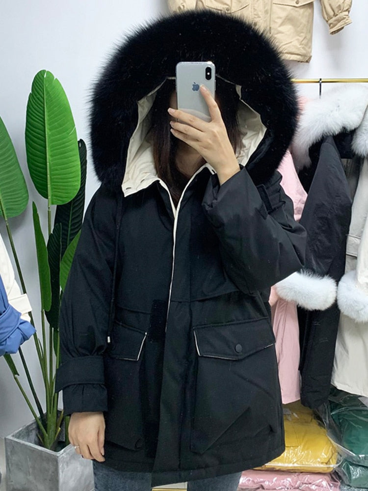 HOOR Winter Duck Down Jackets Black Black Fur