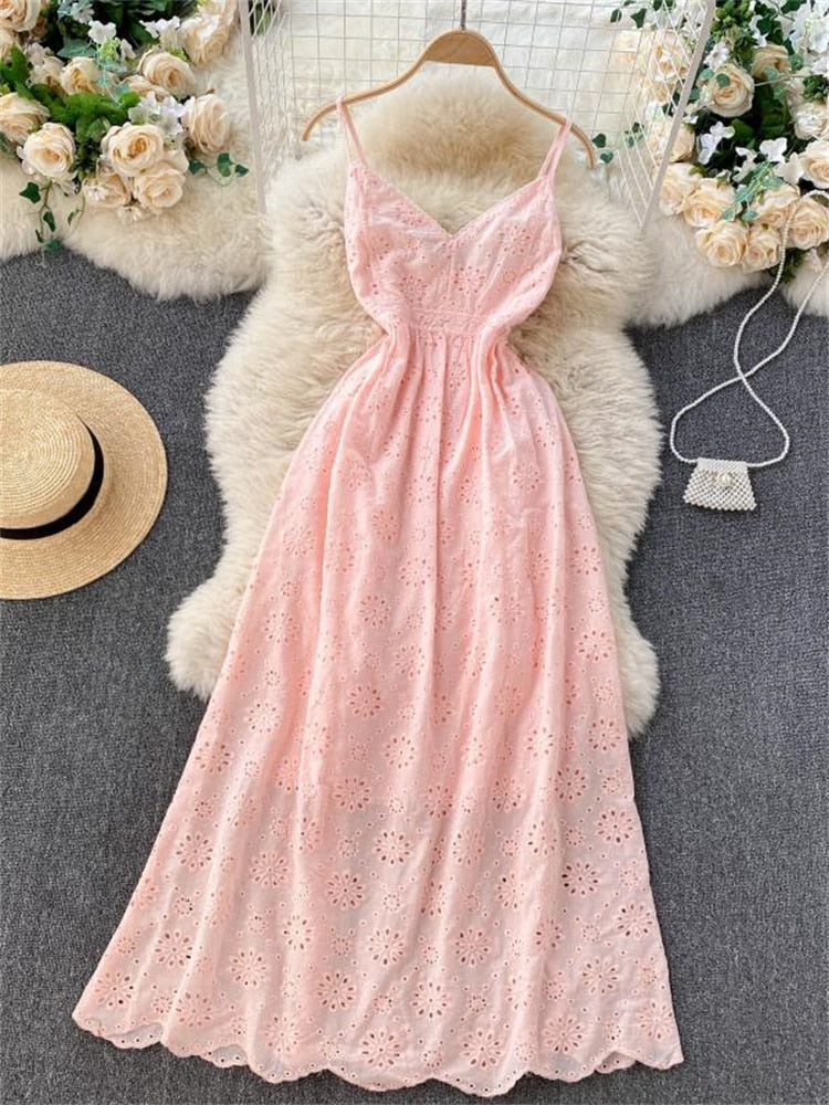 HOOR Hollow Long Dresses Pink One Size