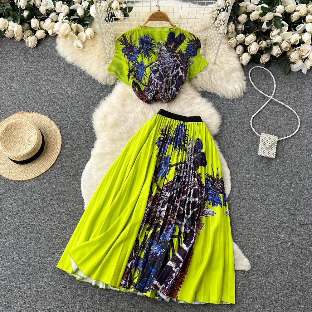 HOOR Knit Floral Printed Dress Neon Green